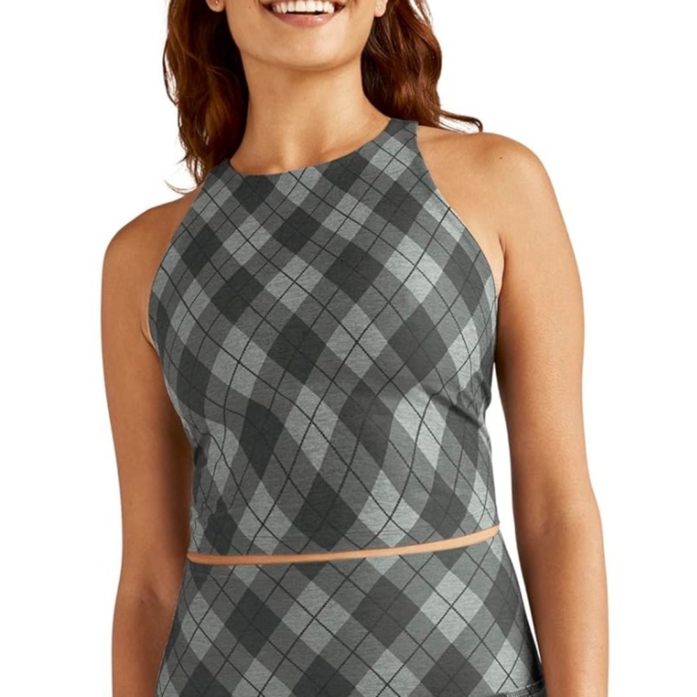 Beyond Yoga‎ Women's Softmark Refocus Cropped Tank small Gray Checker Print NWT